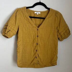 Madewell Mustard Puff Sleeve Button Front Blouse Textured Cotton XS